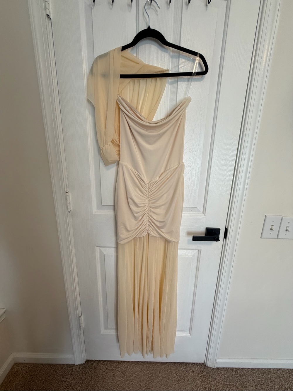 Meshki Ivory Off-Shoulder Slinky Mesh Maxi Dress, Size L 🤍 NWTS - Picture 2 of 7